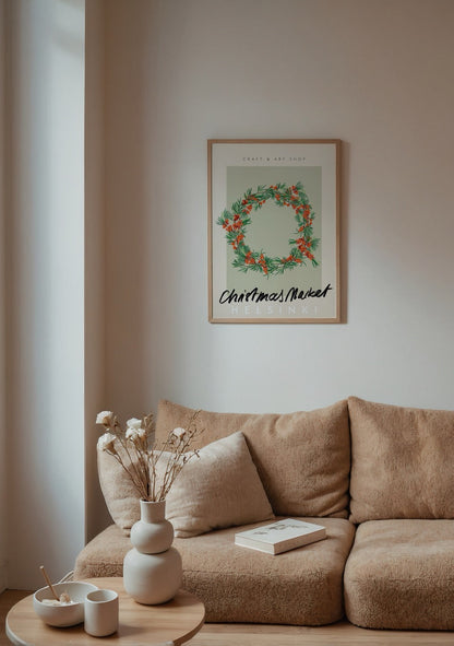 Helsinki holiday wreath print with vibrant berries and green foliage.