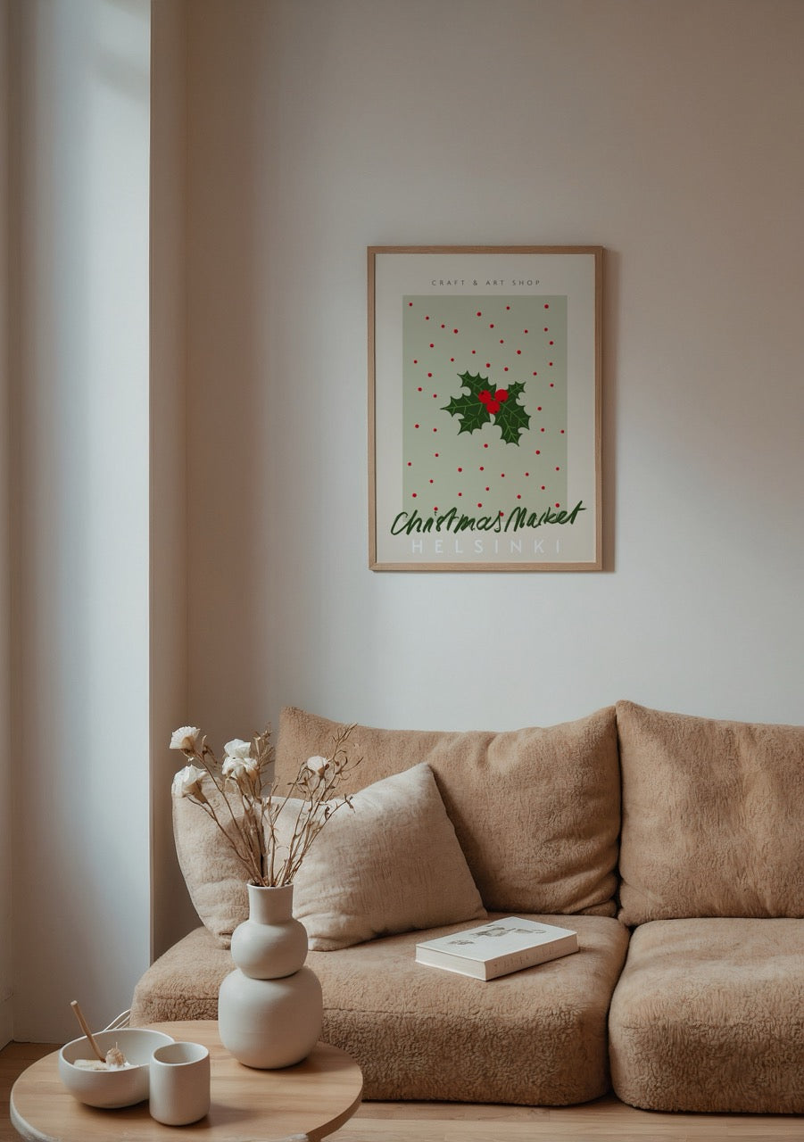 Helsinki Holiday Market wall art featuring holly and festive dots.