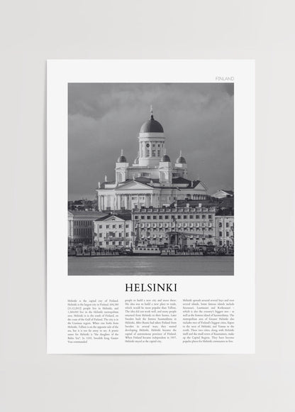 Monochrome artwork depicting the skyline of Helsinki with architectural details.