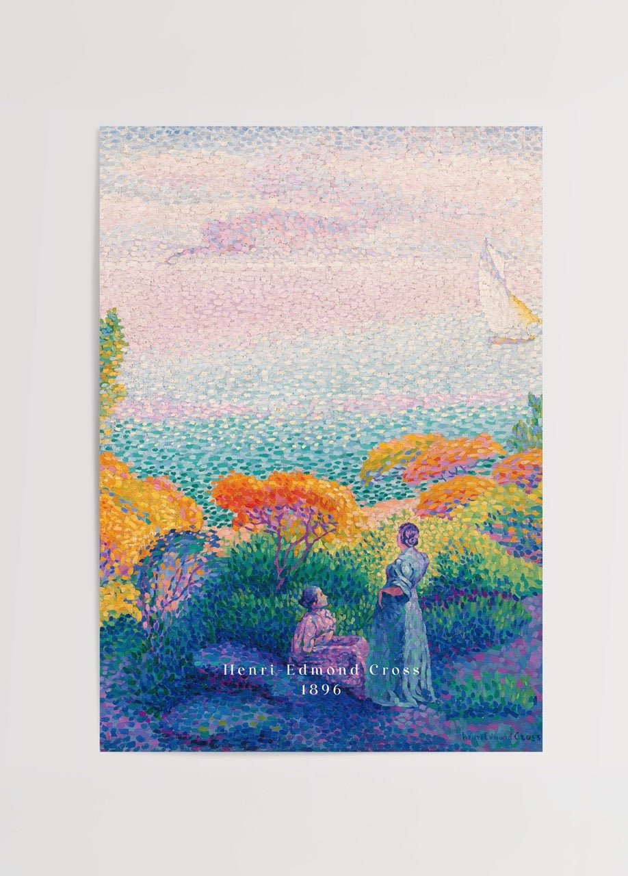 Vibrant seaside landscape artwork featuring lush foliage and calm waters.