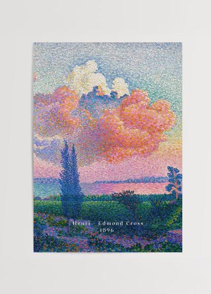 Artful landscape poster featuring dreamy clouds and vibrant colours.