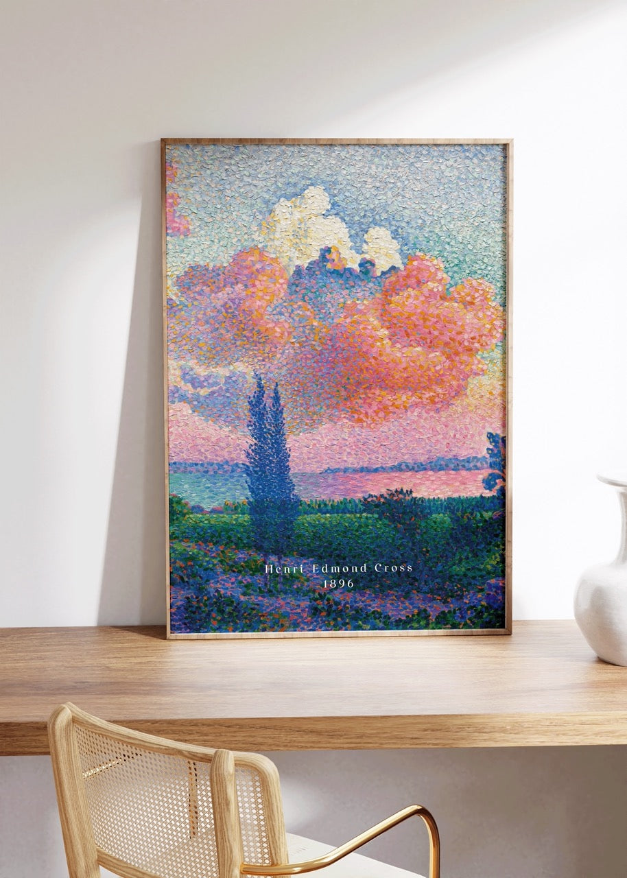 Artful landscape poster featuring dreamy clouds and vibrant colours.