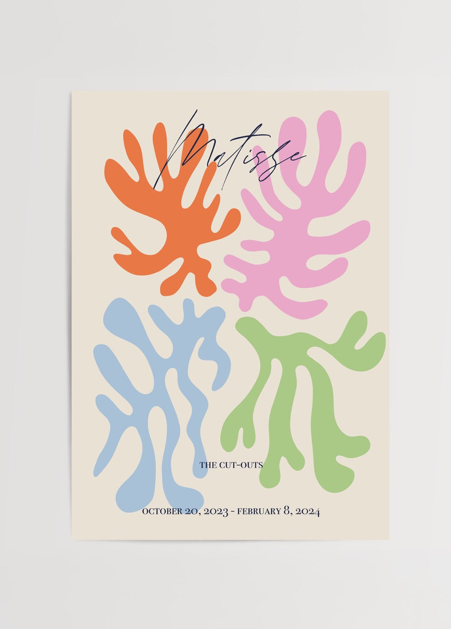Vibrant cut-out shapes in pink, green, orange, and blue on beige background.