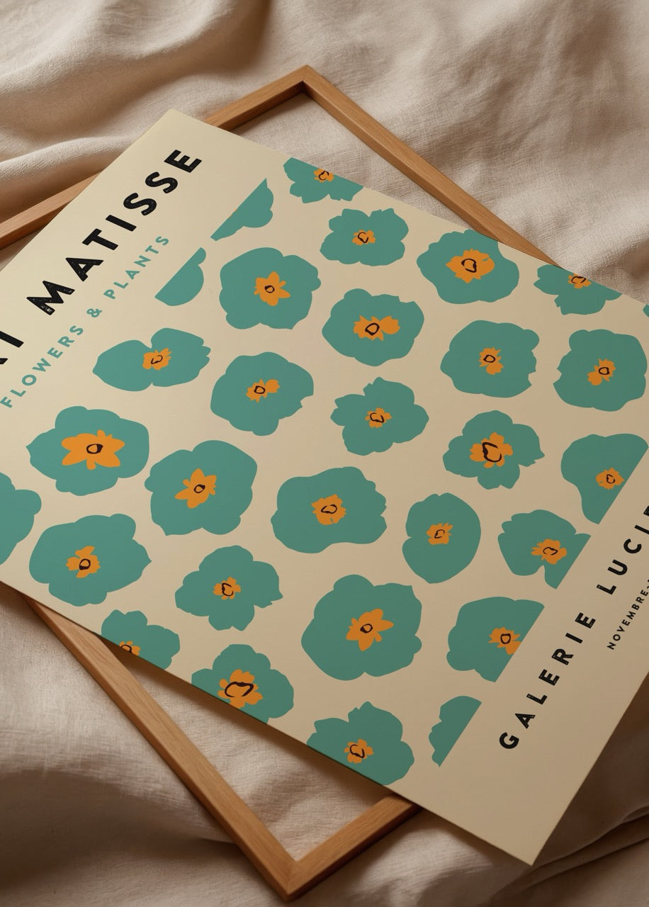 Vibrant floral poster featuring playful blooms in teal and orange.