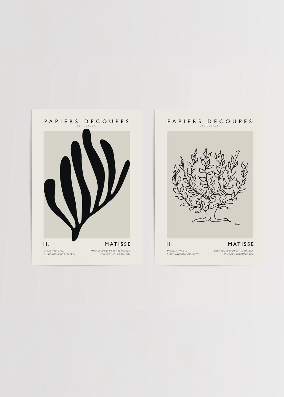 Elegant duo of contemporary cut-out art prints in black and beige.
