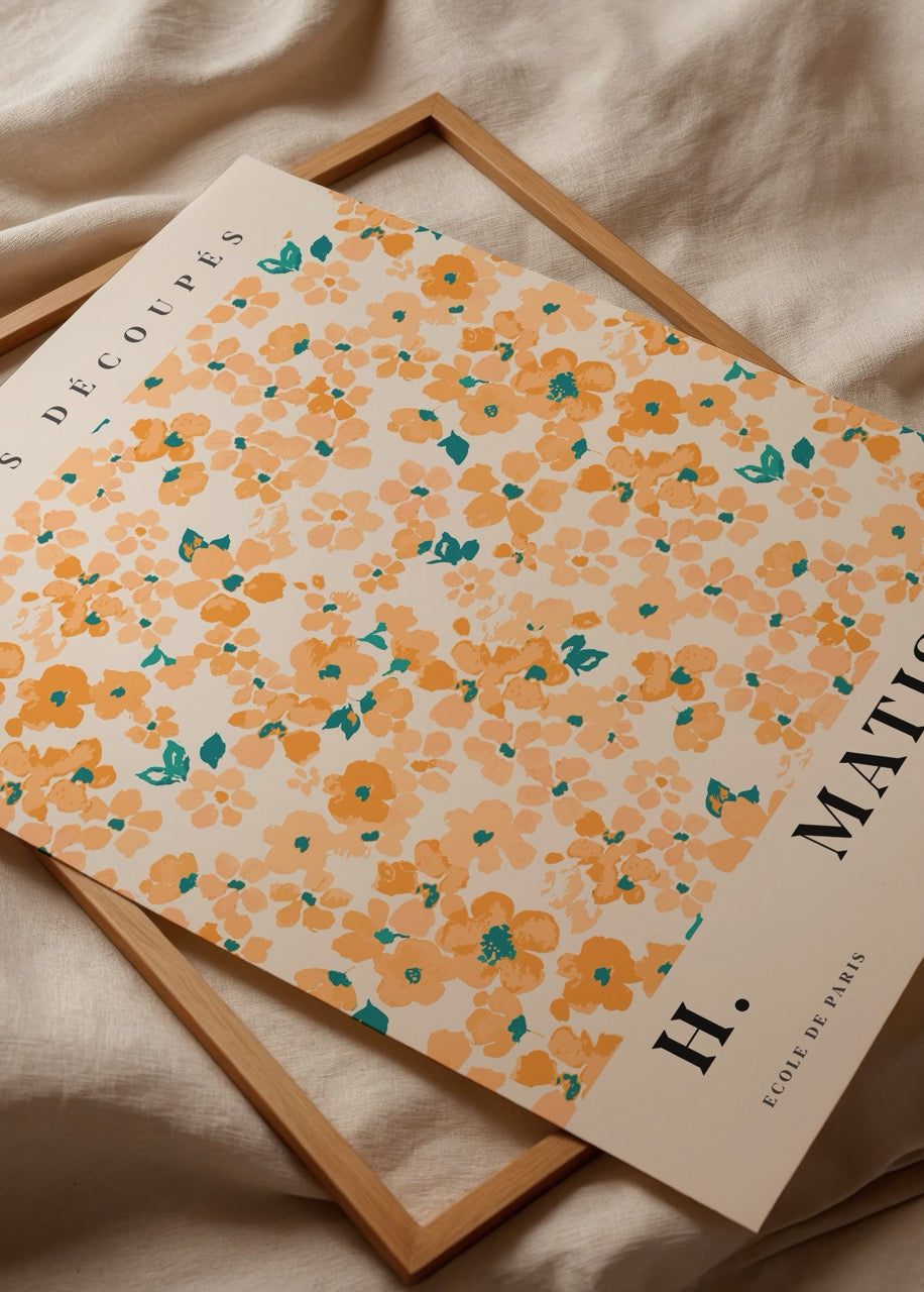 Vibrant floral poster print featuring orange flowers and green accents.