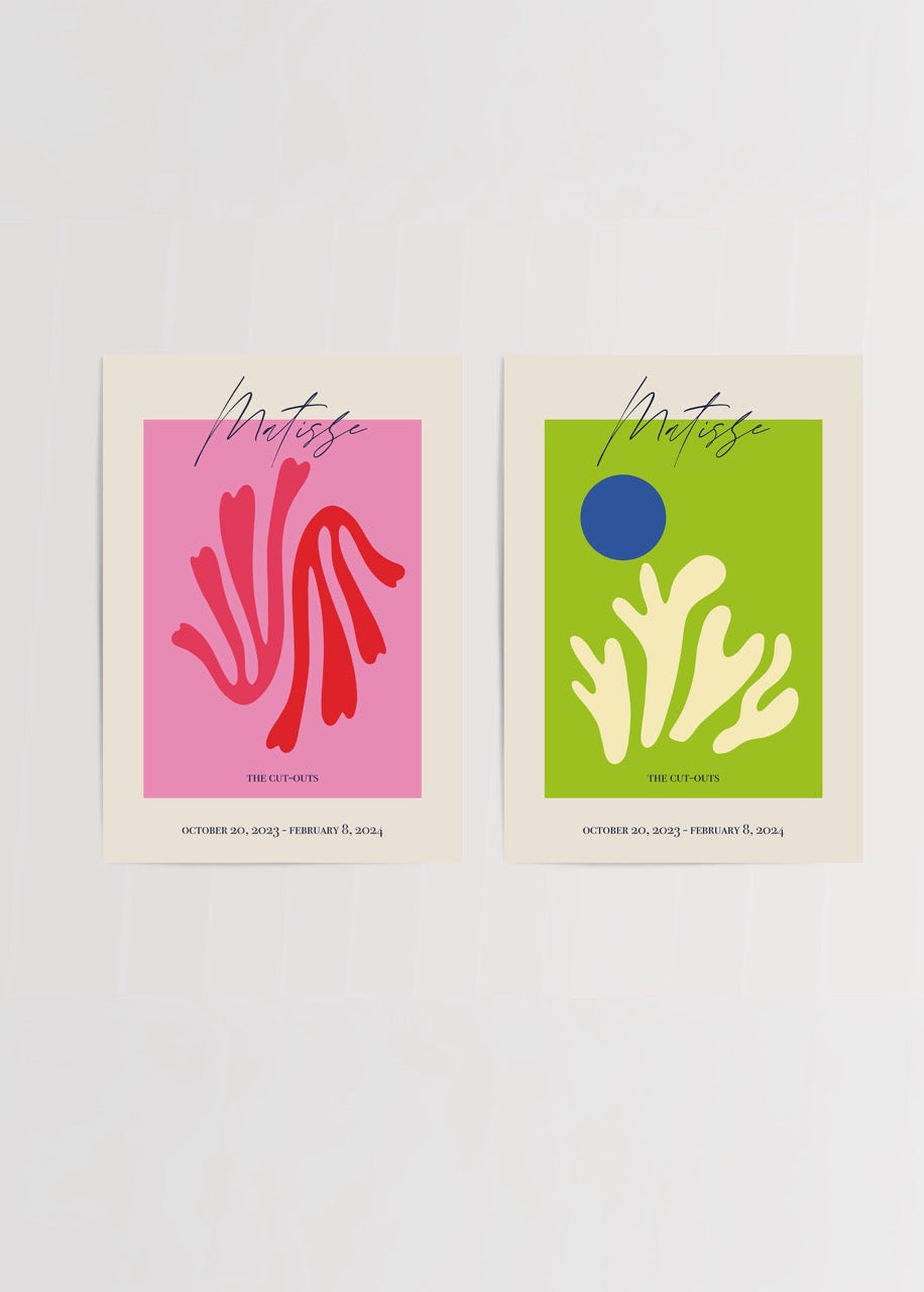 Vibrant duo of abstract cut-outs in pink and green.