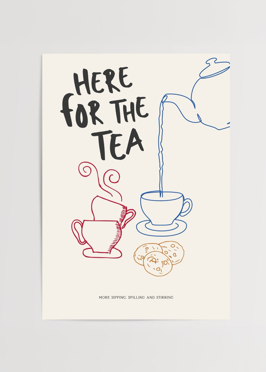 Whimsical poster featuring illustrated tea set and cookies.