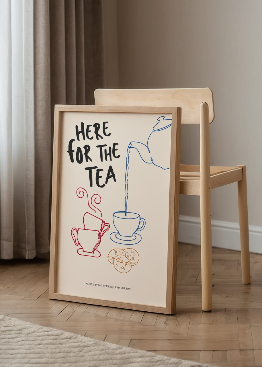 Whimsical poster featuring illustrated tea set and cookies.
