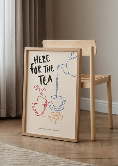 Whimsical poster featuring illustrated tea set and cookies.