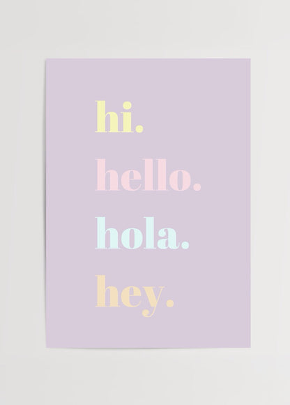 Cheerful poster with pastel typography saying hi, hello, hola, hey.