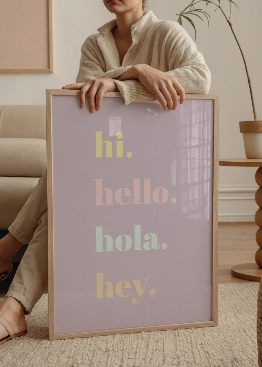 Cheerful poster with pastel typography saying hi, hello, hola, hey.