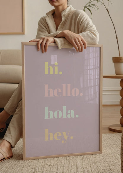 Cheerful poster with pastel typography saying hi, hello, hola, hey.