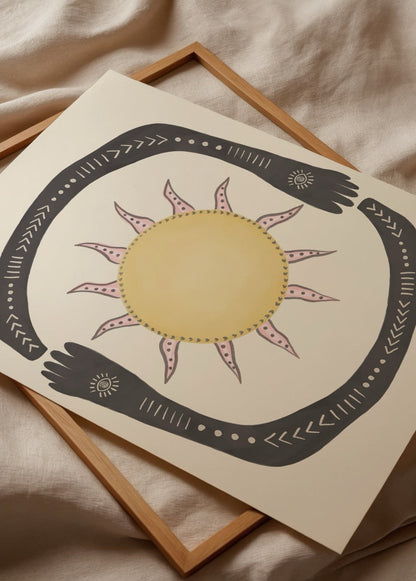 Illustration of a sun embraced by stylised hands, symbolising positivity.