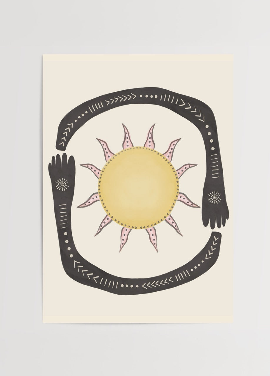 Illustration of a sun embraced by stylised hands, symbolising positivity.