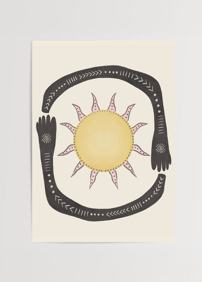 Illustration of a sun embraced by stylised hands, symbolising positivity.