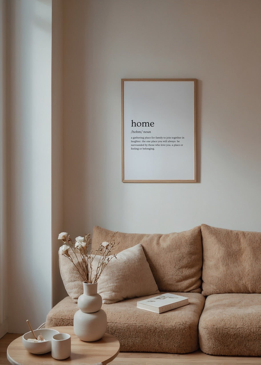 Typography print featuring the definition of home for wall art.