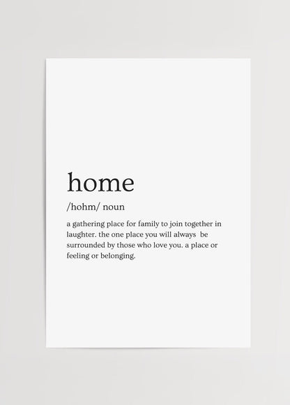 Typography print featuring the definition of home for wall art.