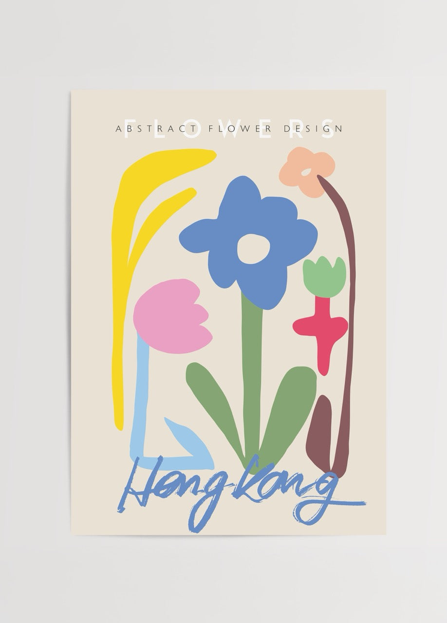 Vibrant abstract floral poster featuring colourful flowers on a light background.