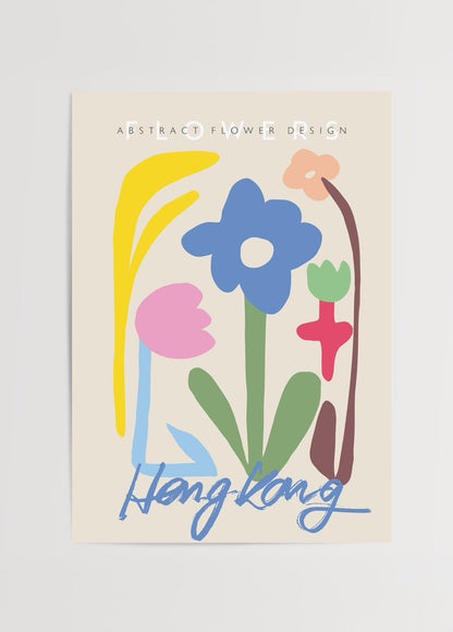 Vibrant abstract floral poster featuring colourful flowers on a light background.