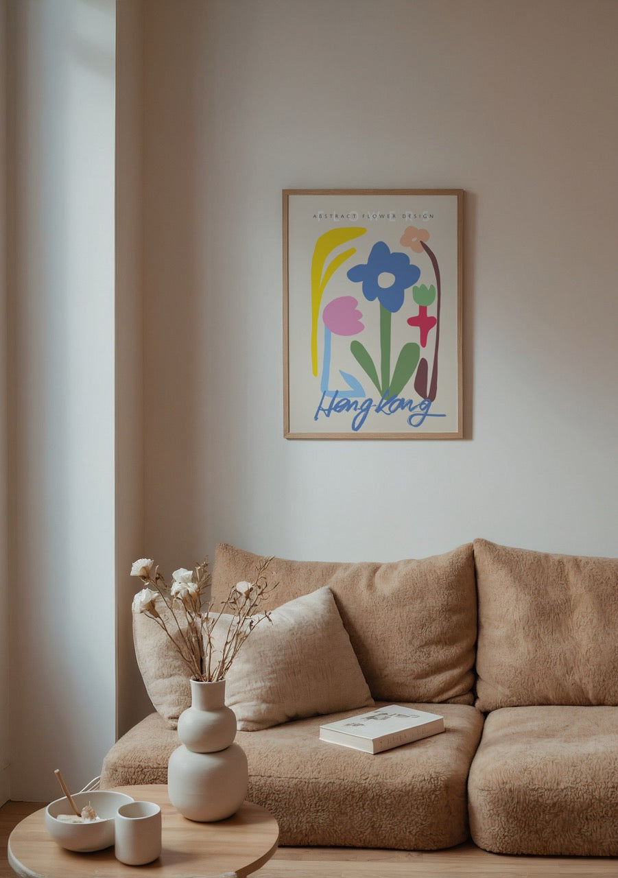 Vibrant abstract floral poster featuring colourful flowers on a light background.