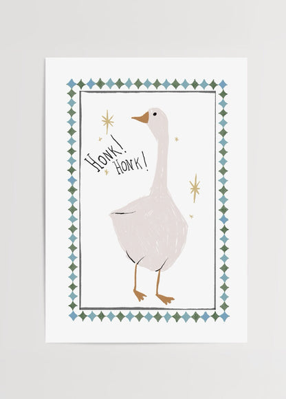 A whimsical goose illustration saying &