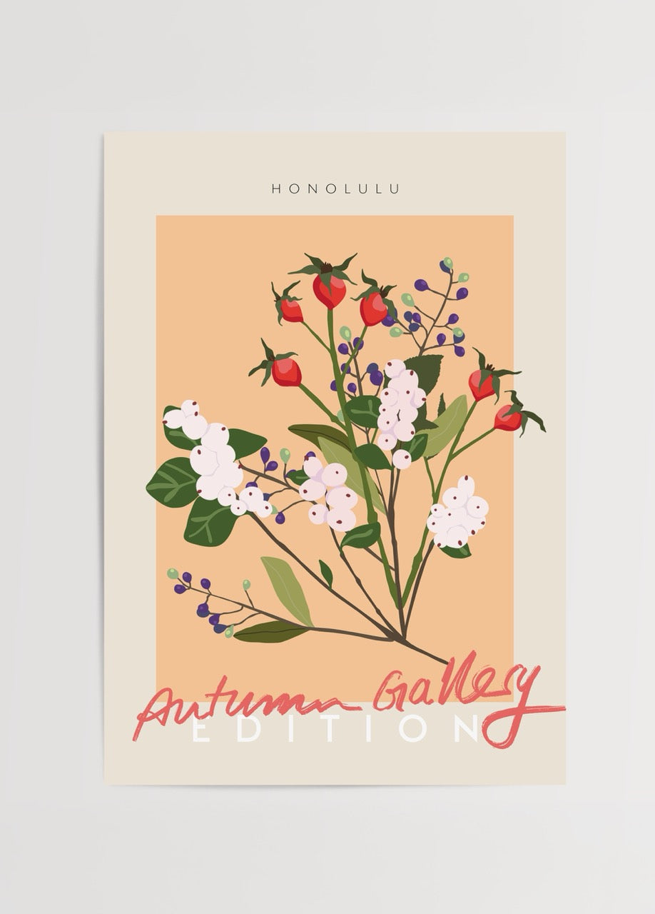 Tropical autumn floral wall art featuring vibrant blooms.