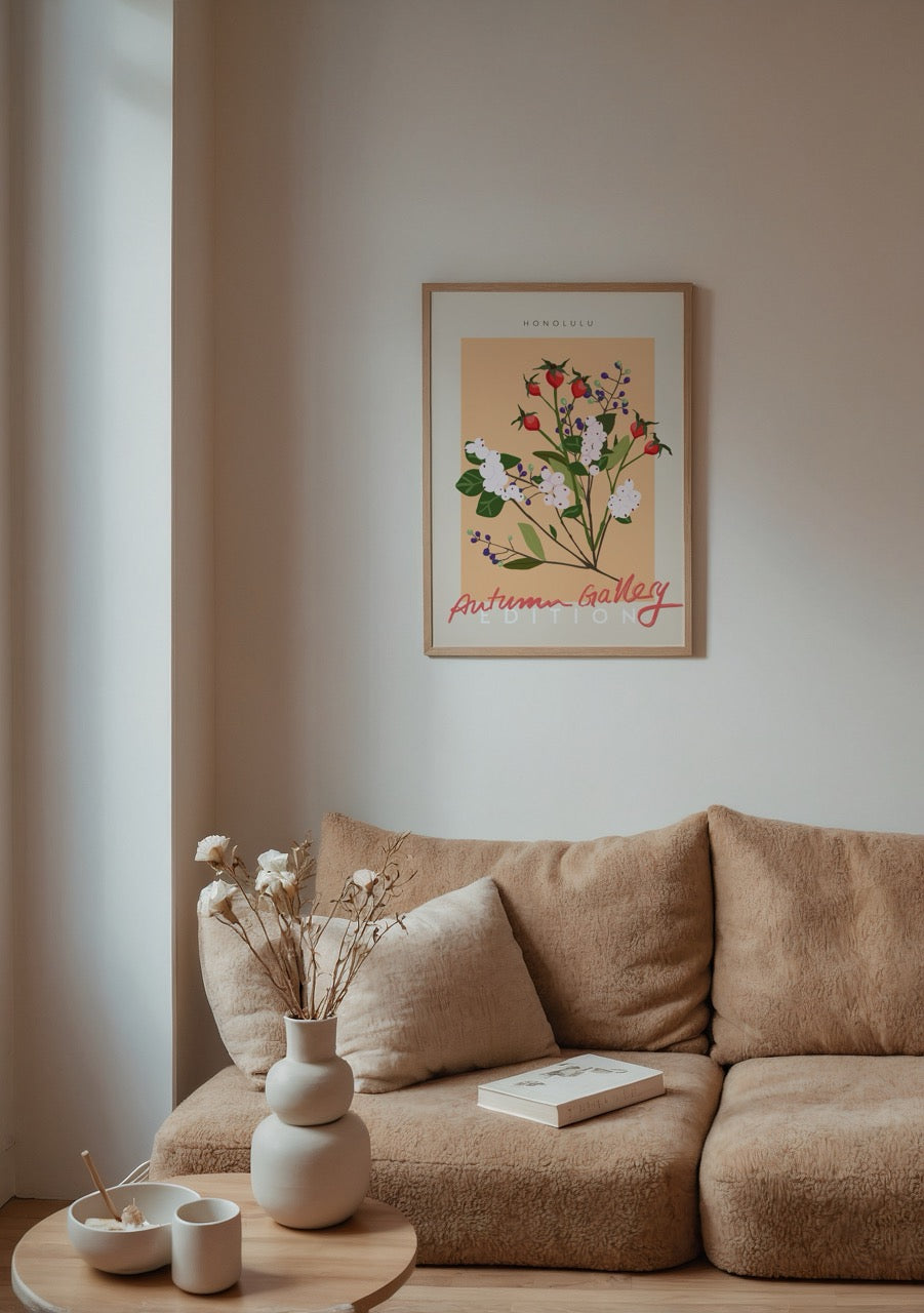 Tropical autumn floral wall art featuring vibrant blooms.