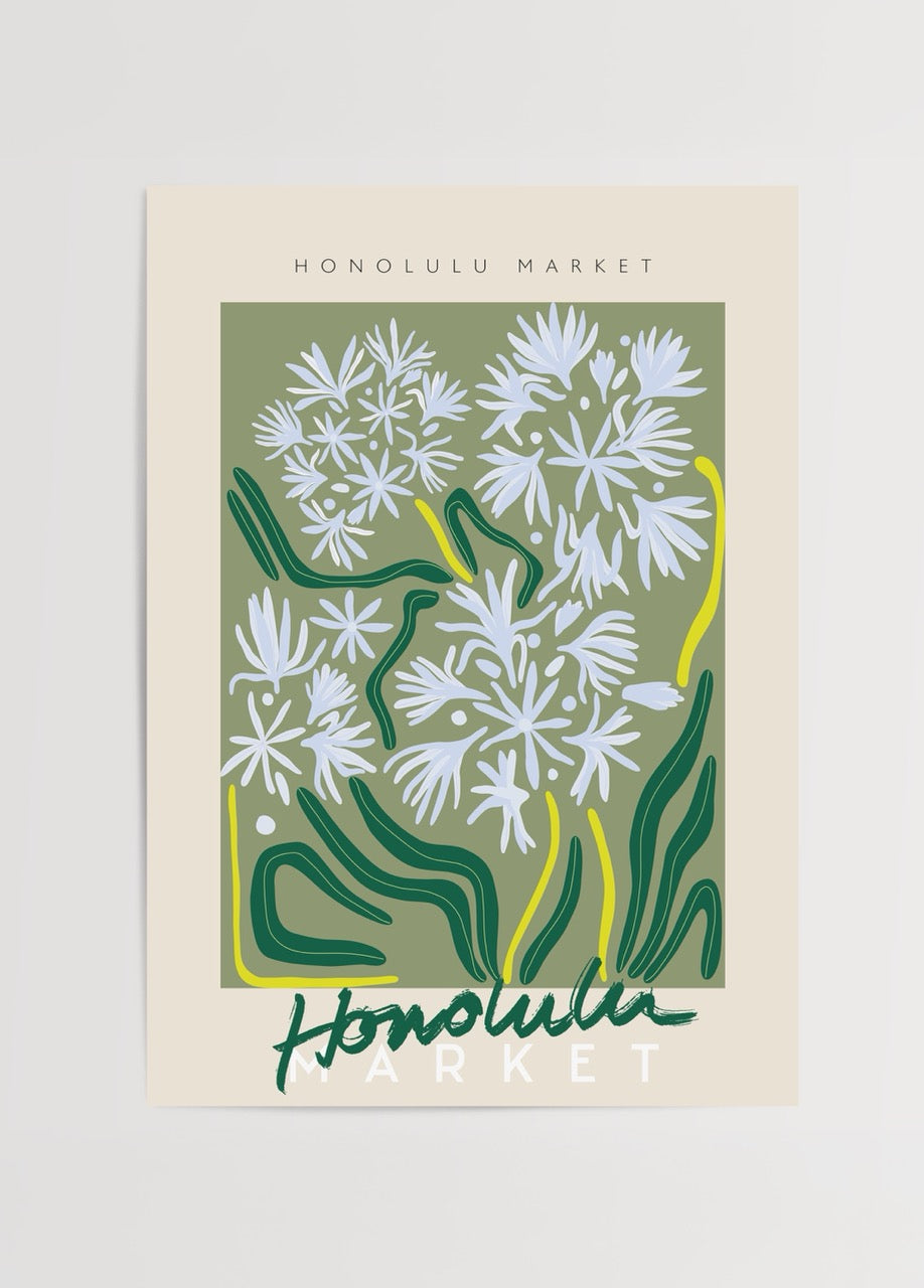 Tropical Greenery Market Art Print featuring lush flowers and vibrant leaves.