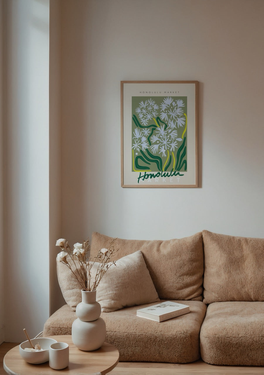 Tropical Greenery Market Art Print featuring lush flowers and vibrant leaves.