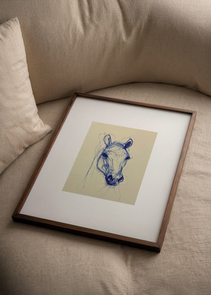 Minimalist blue line drawing of a horse&