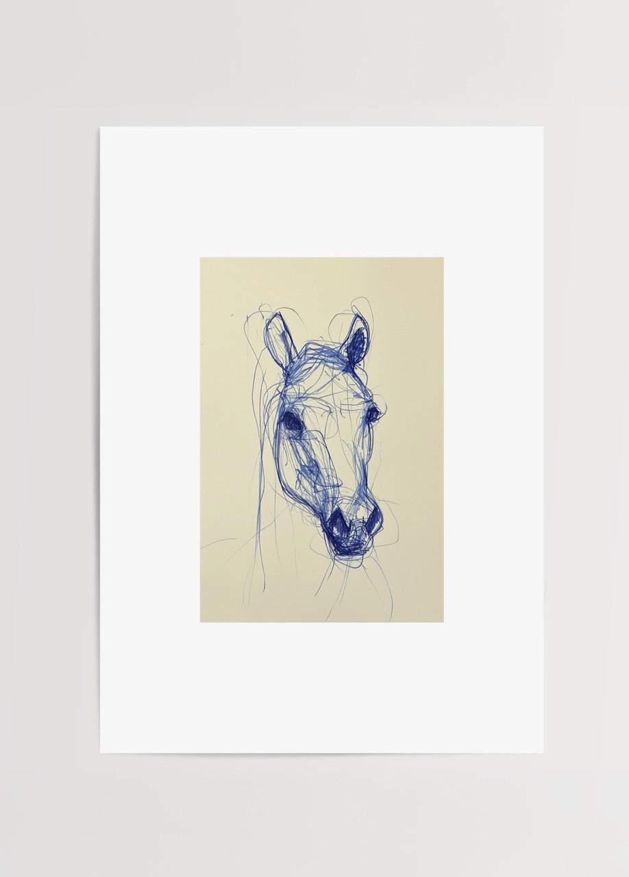Minimalist blue line drawing of a horse&