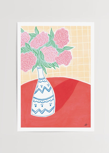 Vibrant red hydrangeas in a blue vase on a red table, autumn theme.