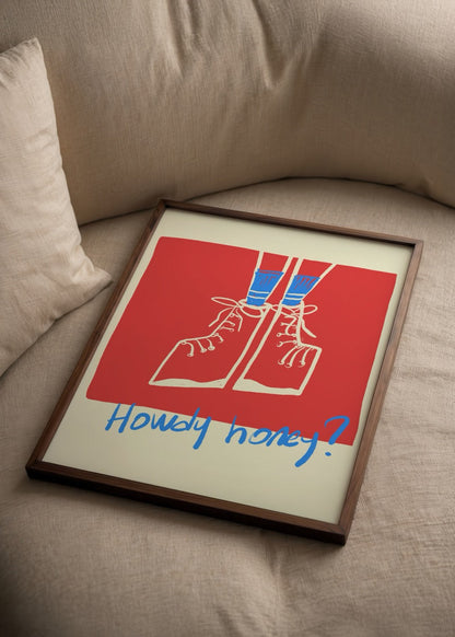 Vibrant poster print featuring red background and quirky boots with the text &