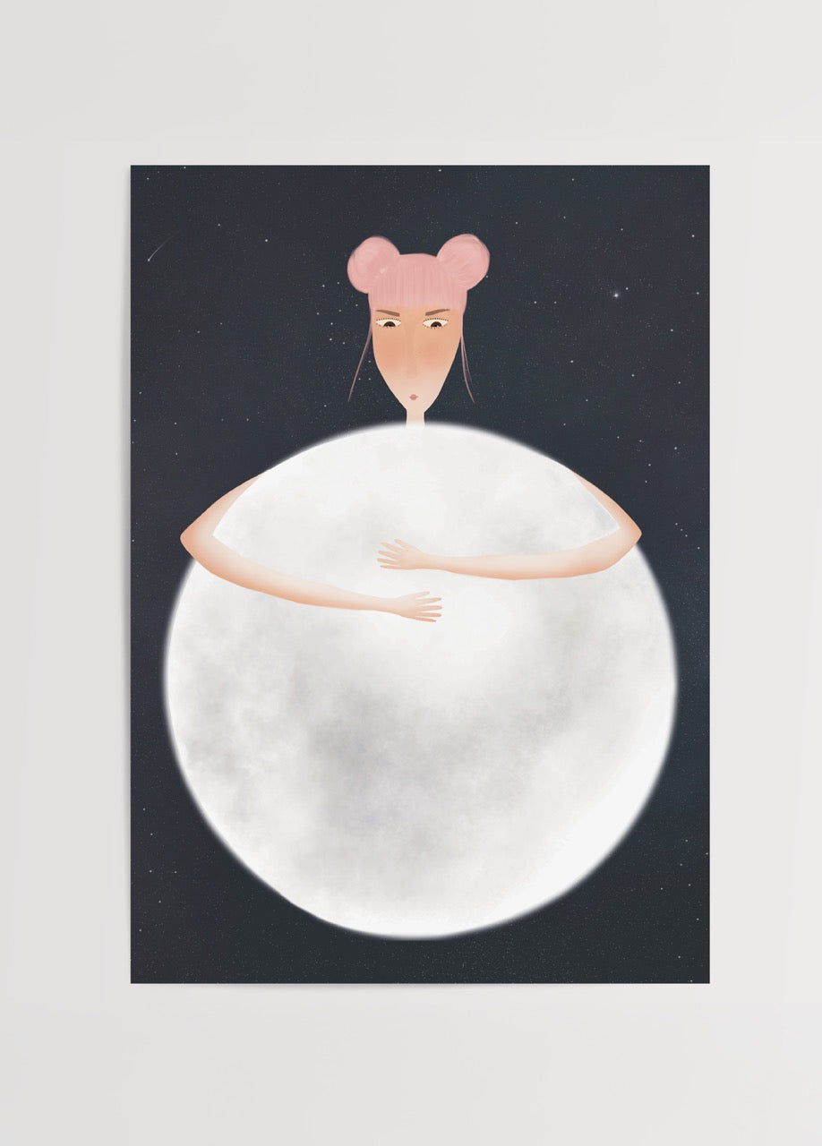 Whimsical illustration of a character hugging the moon in a starry night sky.