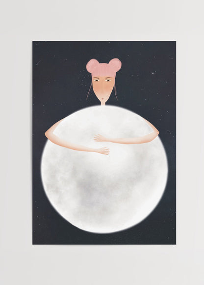 Whimsical illustration of a character hugging the moon in a starry night sky.