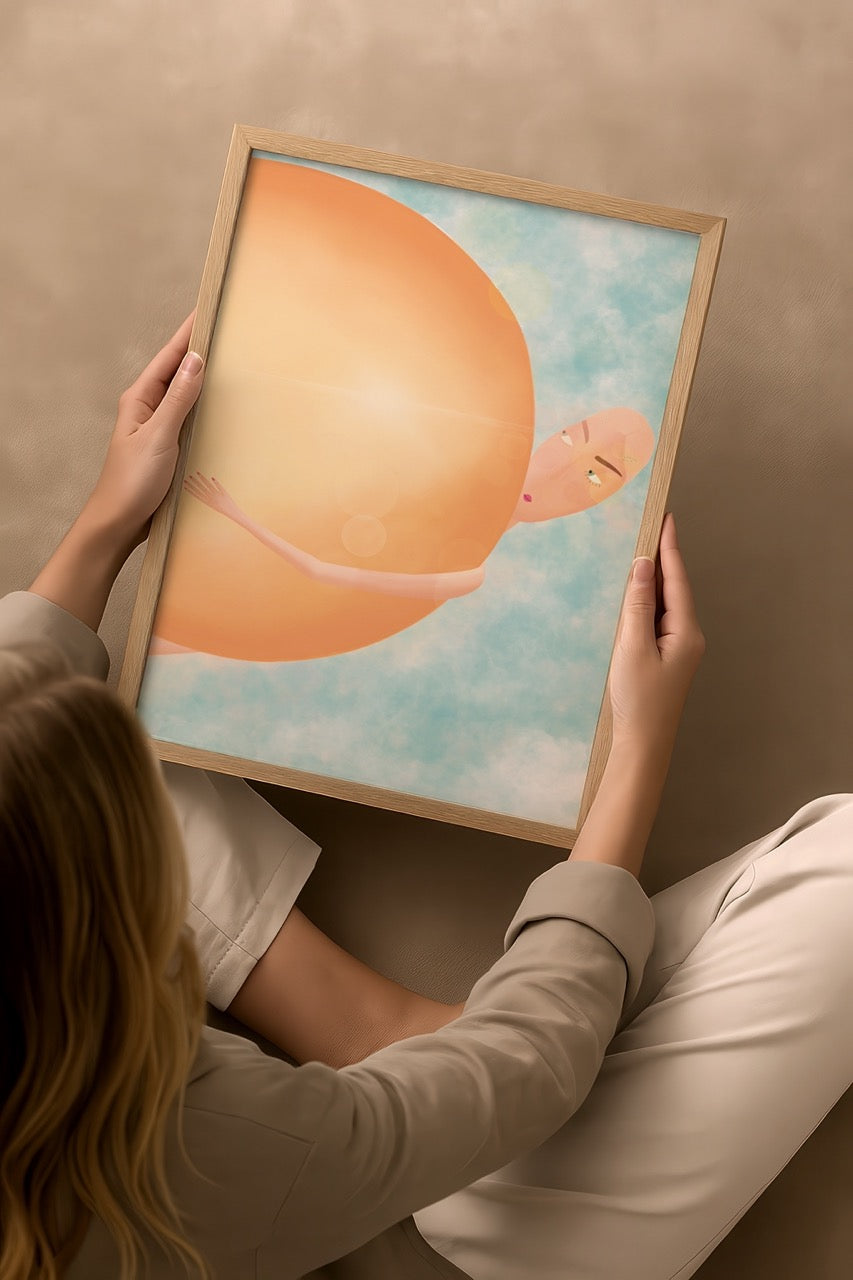 A whimsical illustration of a figure embracing a large sun against a blue sky.