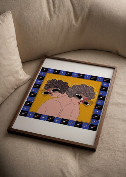 A vibrant illustration poster featuring two figures embracing against a yellow background.