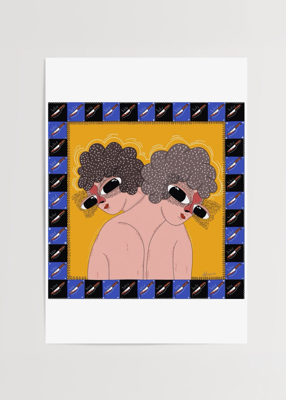 A vibrant illustration poster featuring two figures embracing against a yellow background.