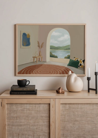 A tranquil view of a landscape through an archway, showcasing soft colours and serene vibes.
