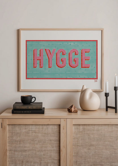 Hygge Poster Print featuring bold typography on a colourful background.