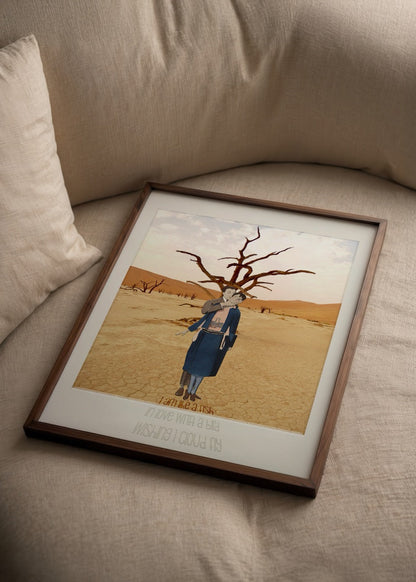 An evocative illustration of a woman in a desert landscape with a fish theme.