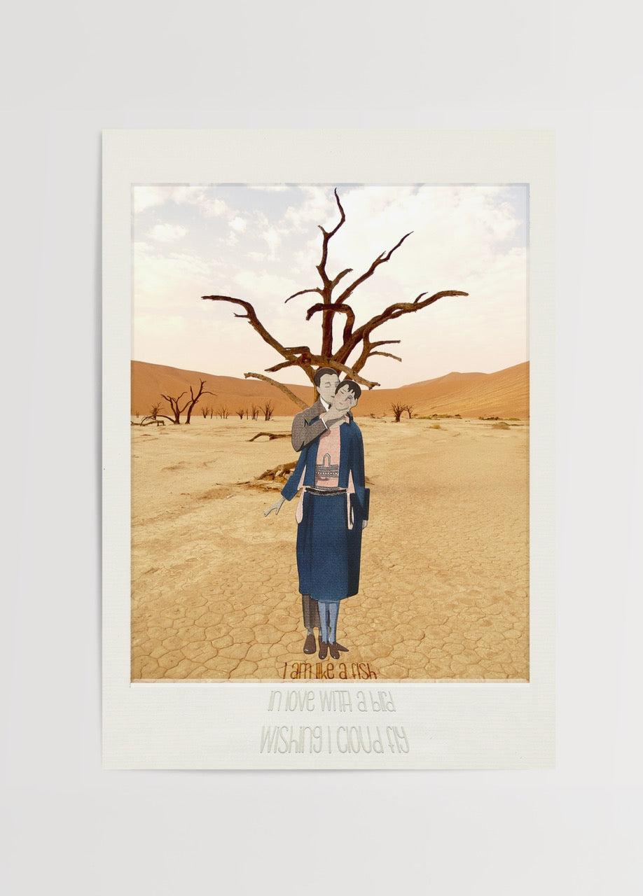 An evocative illustration of a woman in a desert landscape with a fish theme.