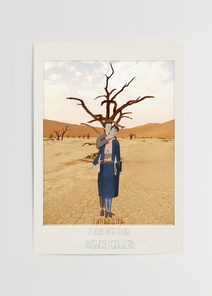 An evocative illustration of a woman in a desert landscape with a fish theme.
