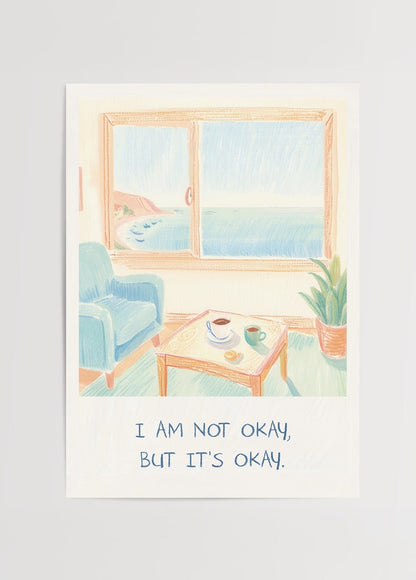 A serene interior scene with a view of the sea and the text &