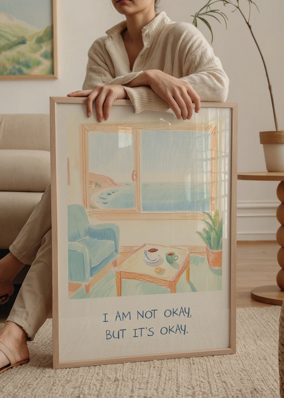 A serene interior scene with a view of the sea and the text &