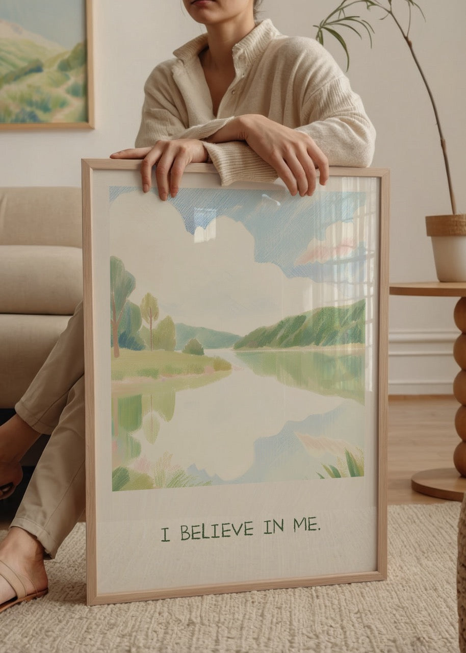 A serene landscape art print featuring a reflection on water with the text &