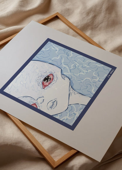 i_m okay Poster Print featuring a unique blue illustration of an imaginative character.