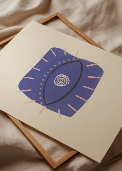 Modern poster print featuring a stylized eye design in blue.