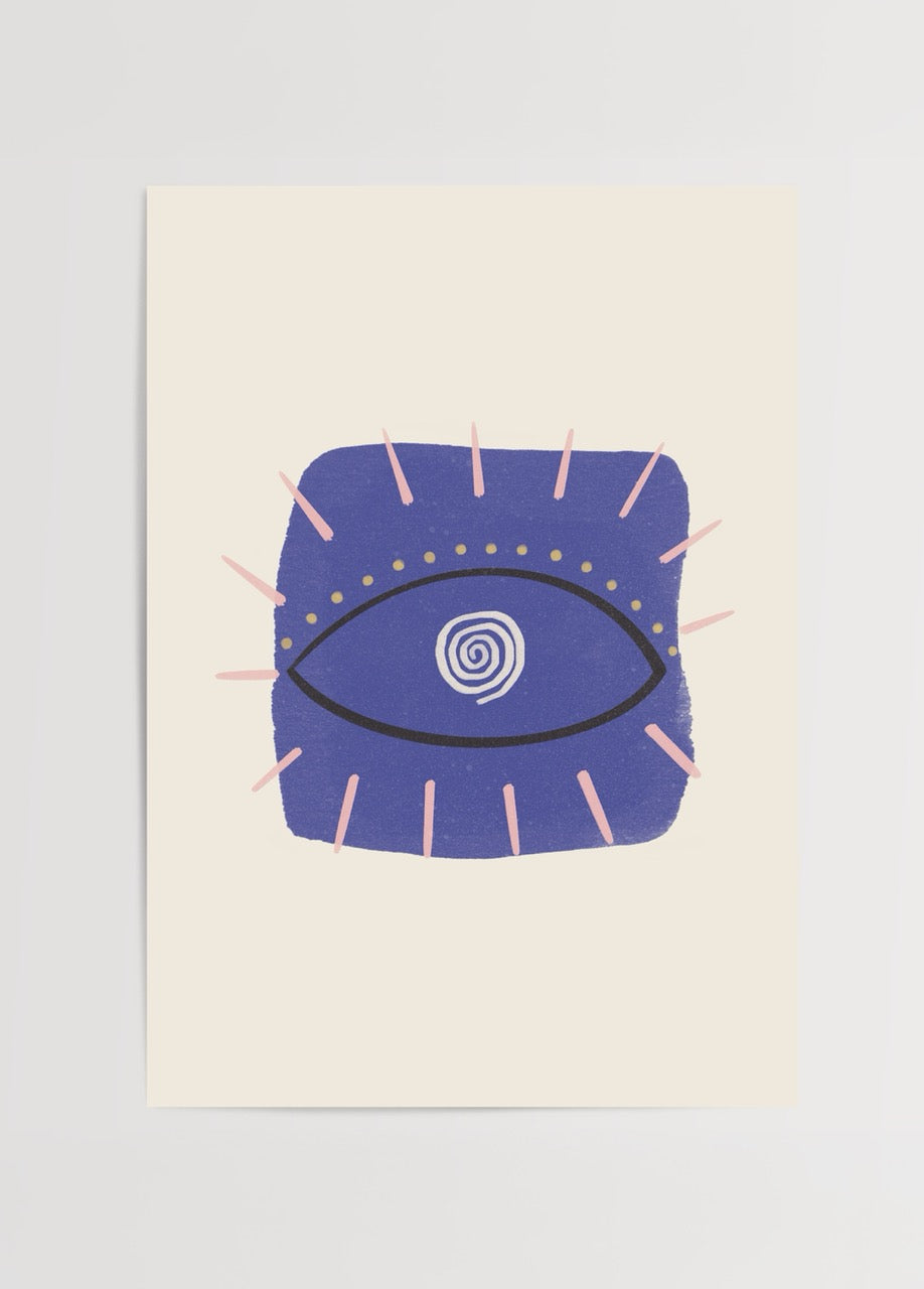 Modern poster print featuring a stylized eye design in blue.